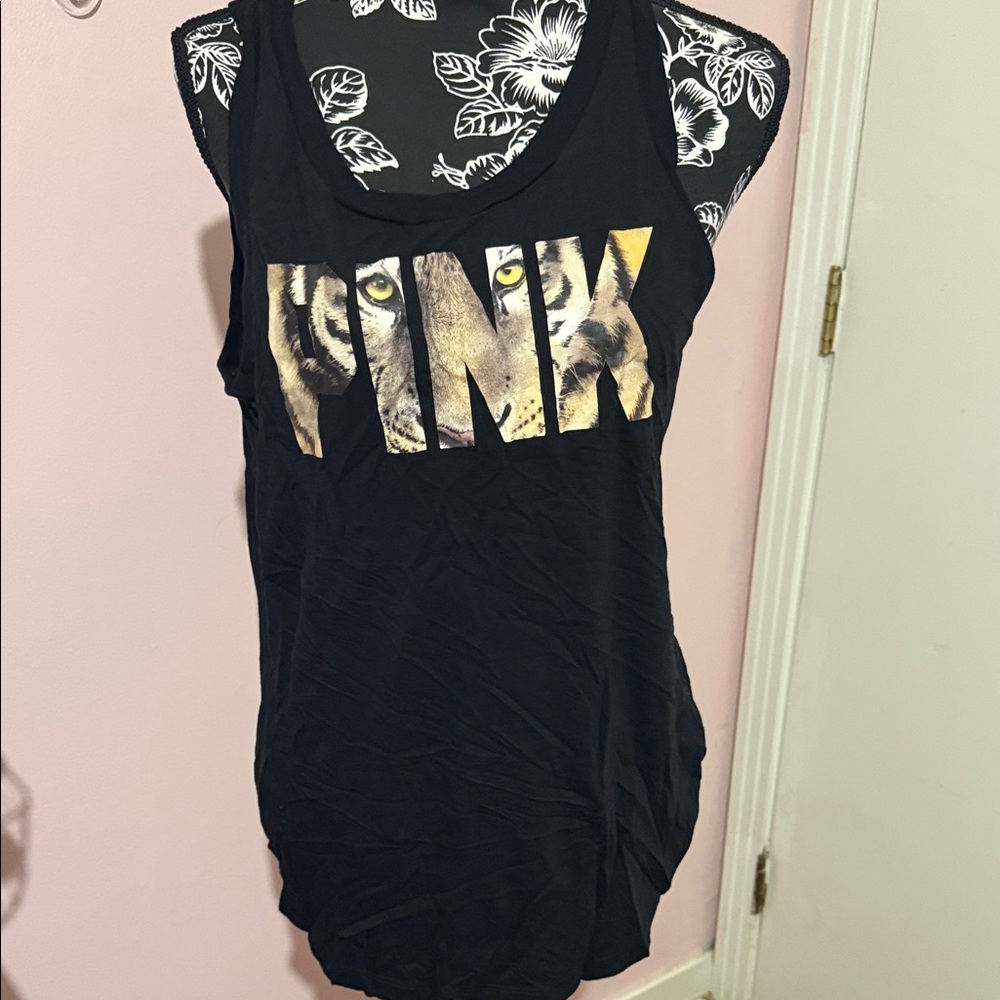 PINK Victoria's Secret Black and Gold Graphic Tank Top